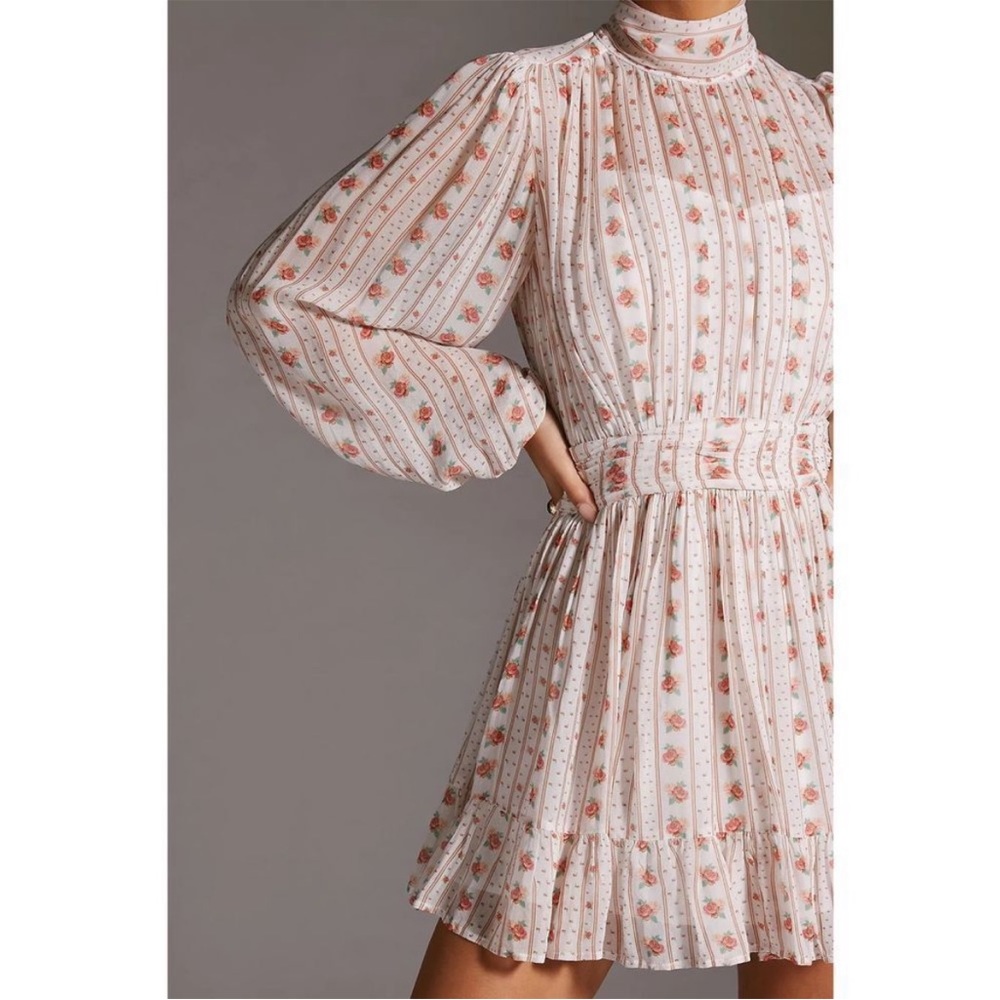 Anthropologie Let Me Be Mock Neck Georgette Floral Mini Dress Sz SP - Picture 7 of 16